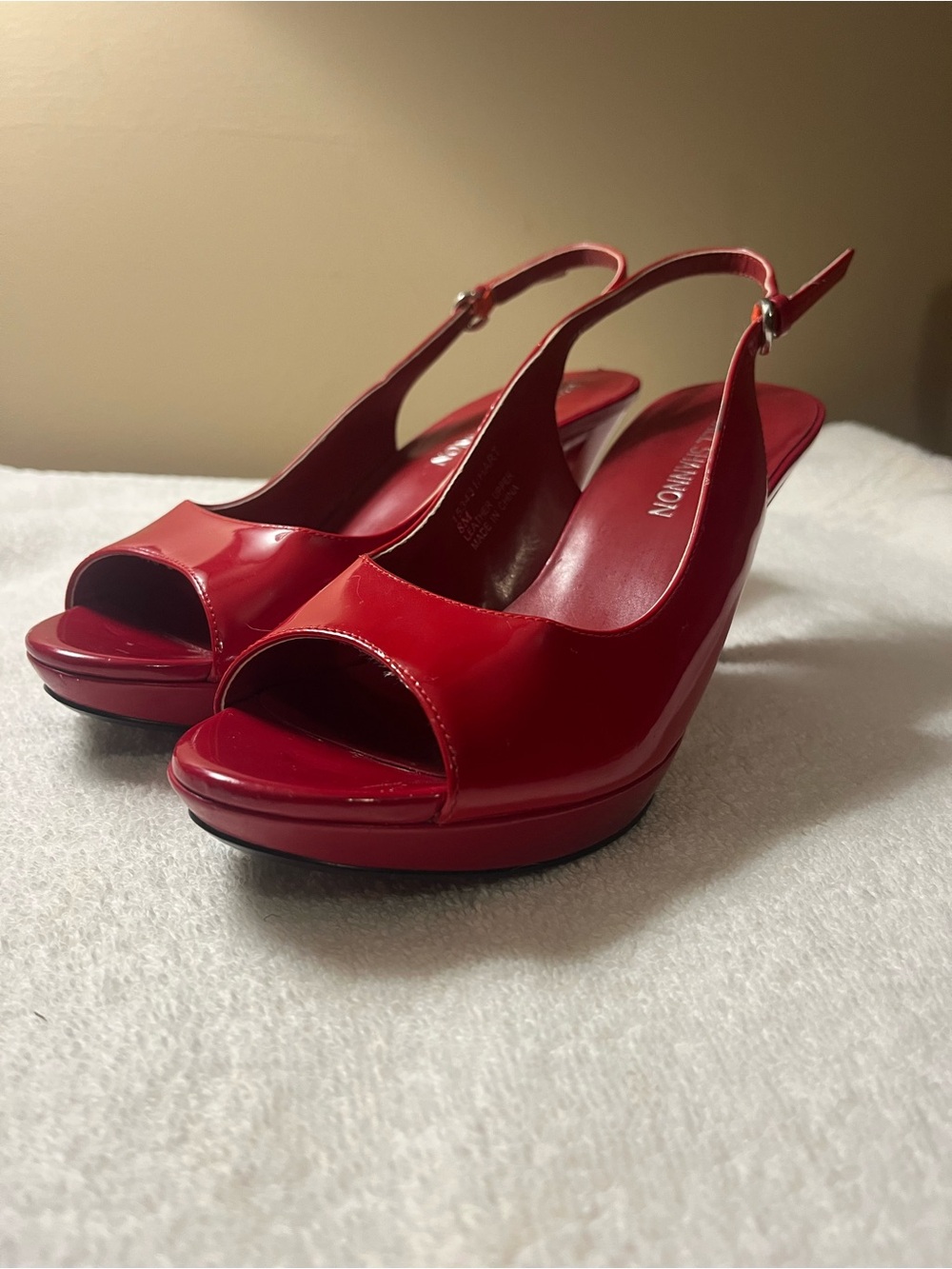 Red Patent Peep-Toe Slingback Heels by Unknown Brand